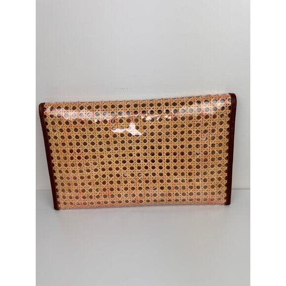 VINTAGE Raffia Rattan Leather Trim Woven Clutch Purse Handbag & Zip Pouch Bag - Picture 9 of 16